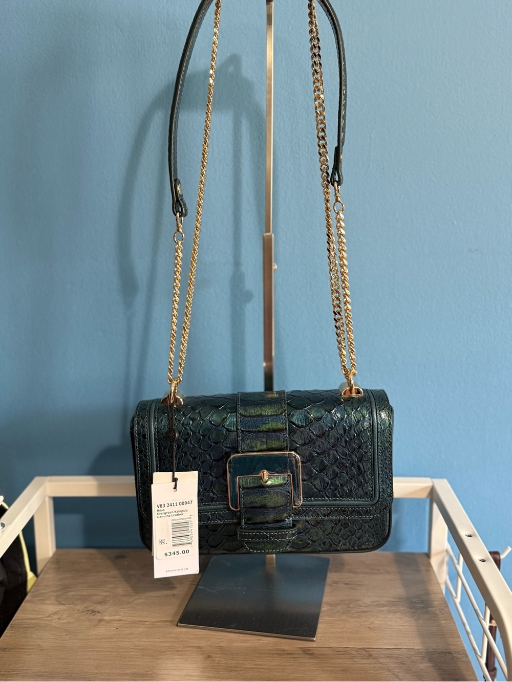 Brahmin Rosa EverGreen Kalopsia Textured Leather Crossbody with Gold Chain